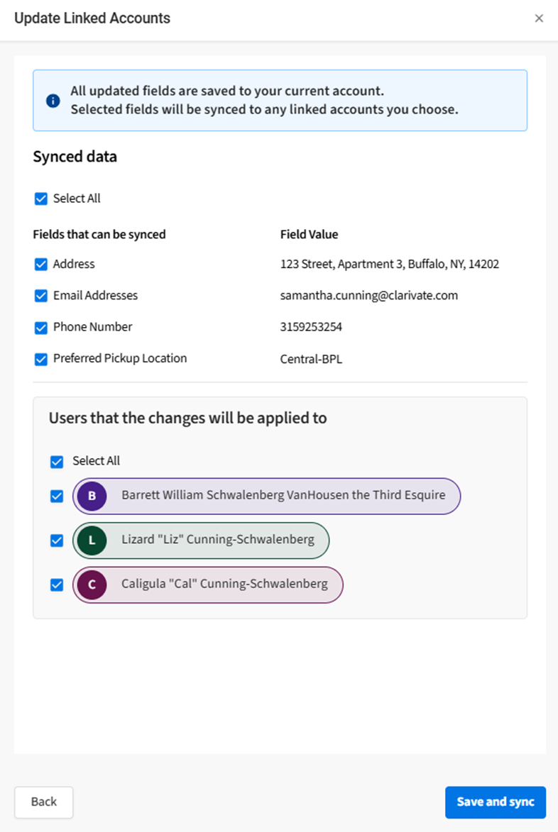 Selection for which data will be synced in linked accounts